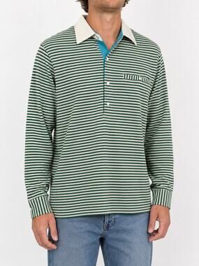 Fiat Men's M Green Navy White Striped Long Sleeve Polo Style Shirt Preppy